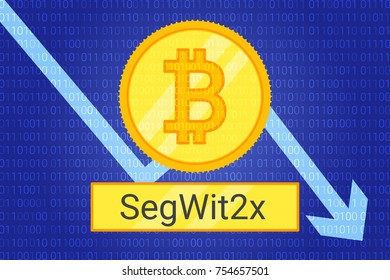 SegWit2x Bitcoin hard fork Crashes. Trade cryptocurrency. falling graph on code background for news. Chart drops. Vector illustration