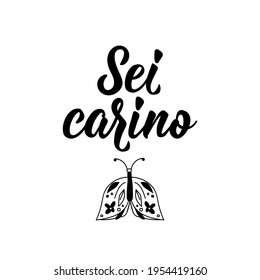 Sei carino. Translation from Italian: You're cute. Lettering. Ink illustration. Modern brush calligraphy Isolated on white background.