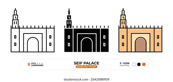 Seif Palace Line Icon. Kuwait City, Kuwait, Landmark, Silhouette, Color Vector, Editable Stroke.