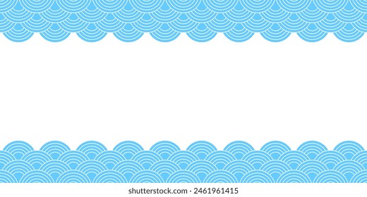 Seigaiha background with empty space. Blue and white waves or clouds pattern. Sea or ocean scallops print. Fish squama or dragon scale. Geometric ornament with round shapes. Vector flat illustration.