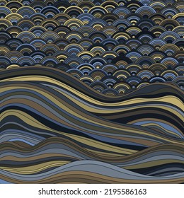 Seigaiha Japanese wave motif contemporary vector pattern. Curve lines texture background. Oriental traditional wavy ornament elements. Landscape abstraction. Futuristic organic structure.