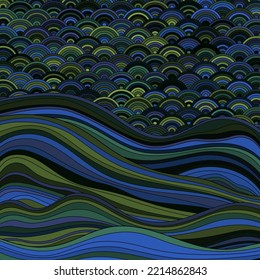 Seigaiha Japanese wave motif contemporary vector pattern. Curve stripes flat texture background. Asian traditional wavy ornament elements. Sea water waves. Futuristic organic structure.