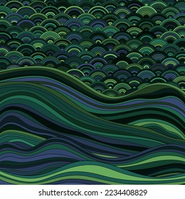 Seigaiha Japanese wave motif contemporary vector pattern. Curve lines texture background. Oriental traditional wavy ornament elements. Landscape abstraction. Futuristic organic structure.