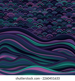 Seigaiha Japanese wave motif contemporary vector pattern. Curve lines texture background. Oriental traditional wavy ornament elements. Decorative waves. Futuristic organic structure.