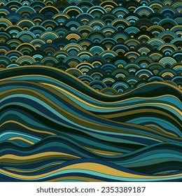 Seigaiha Japanese wave motif contemporary vector pattern. Curve stripes flat texture background. Oriental traditional wavy ornament elements. Sea water waves. Futuristic organic structure.