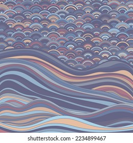 Seigaiha Japanese wave motif inspiring vector pattern. Curve stripes flat texture background. Oriental traditional wavy ornament elements. Scale doodle. Seigaiha pattern wallpaper design.