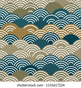 Seigaiha literally means wave of the sea. seamless pattern abstract scales simple Nature background japanese circle khaki gray beige olive green white  colors. Vector