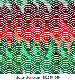 Seigaiha literally means wave of the sea. seamless pattern abstract scales simple Nature background japanese circle green red burgundy white. Can be used for Gift wrap, fabrics, wallpapers. Vector