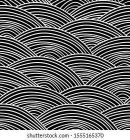 Seigaiha literally means wave of the sea. seamless pattern abstract doodle lines scales simple Nature background japanese circle Black white. Vector