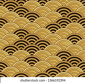 Seigaiha luxurious Japanese ornamental wave pattern. Decorative gold and black seamless background.