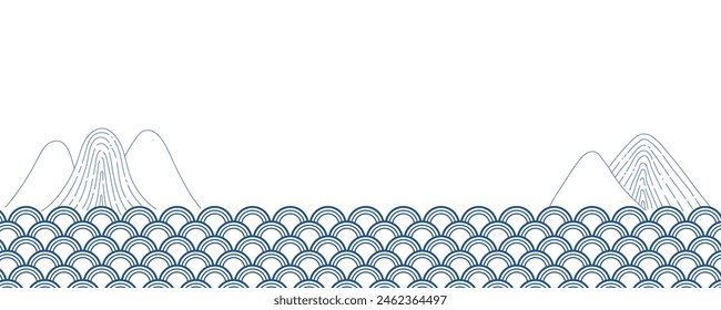 Seigaiha, ocean waves pattern, mountains traditional Asian background on transparent. Line art, outline style vector illustration. Design element, abstract landscape, backdrop, banner, wallpaper