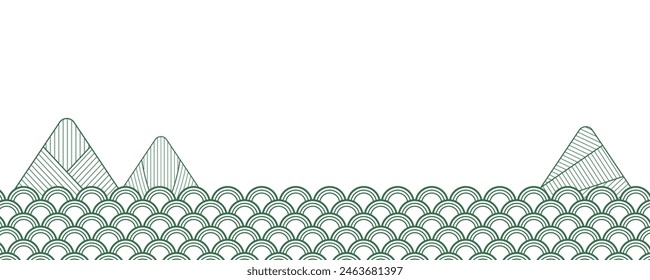 Seigaiha, patrón de olas del océano, zongzi dumplings montañas Dragon Boat Festival fondo tradicional en transparente. Ilustración vectorial de estilo Line art. Elemento de diseño, paisaje abstracto, fondo