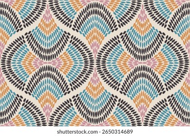 Seigaiha print in ikat polka dot style. Seamless wavy pattern. ethnic ikat patterns geometric native tribal. Grunge texture. Bohemian ornament for home textiles, packaging, and carpets.