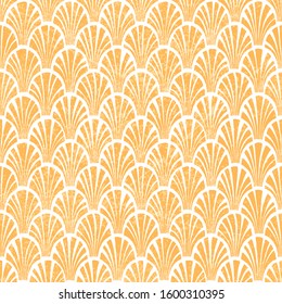 Seigaiha seamless wavy pattern. Grunge texture. White and orange colors. Print for textiles. Vector illustration.