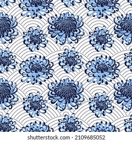 Seigaiha seamless wavy pattern in polka dot style. Blue and white Japanese chrysanthemum set of isolated flowers. Vector illustration.