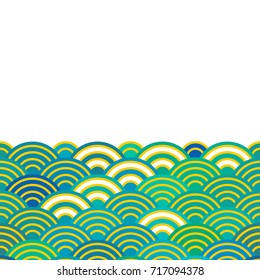 Seigaiha or seigainami literally means blue wave of the sea. card banner design for text abstract scales simple Nature background with japanese circle pattern Blue green white Yellow colors. Vector