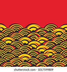 Seigaiha or seigainami literally means wave of the sea. card banner design for text abstract scales simple Nature background with japanese circle pattern Black Yellow red colors. Vector