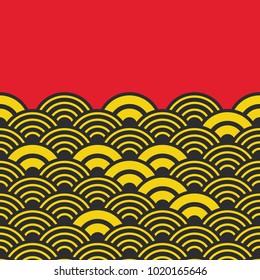 Seigaiha or seigainami literally means wave of the sea. card banner design for text abstract scales simple Nature background with japanese circle pattern Black Yellow red colors. Vector