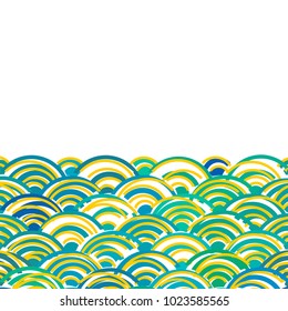 Seigaiha or seigainami literally means wave of the sea. card banner design for text abstract scales simple Nature background with japanese circle pattern white green blue gold Yellow colors. Vector