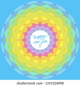 Seigaiha or seigainami literally means wave of the sea. Merry Christmas card banner design for text. Scales simple Abstract Round Wreath composition rainbow frame on azure teal blue. Vector