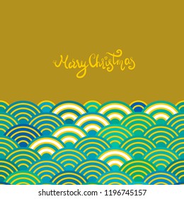 Seigaiha or seigainami literally means wave of the sea. Merry Christmas card banner design for text abstract scales simple Nature background golden yellow blue green japanese circle pattern. Vector