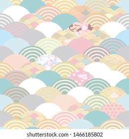 Seigaiha or seigainami literally means wave of the sea. seamless pattern abstract scales simple Spring Nature background with japanese circle Blue green white beige brown pink gray colors. Vector