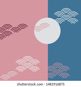 Seigaiha or seigainami literally means wave of the sea. card banner design for text abstract simple Nature background with japanese circle pattern Gray pink blue brown sky with clouds and moon. Vector