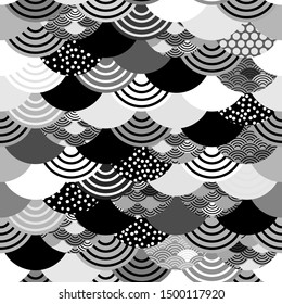 Seigaiha or seigainami literally means wave of the sea. seamless pattern abstract scales simple Spring Nature background with japanese circle Gray white black colors. Vector
