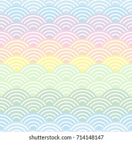 Seigaiha or seigainami literally means wave of the sea. rainbow seamless pattern abstract scales simple Nature background japanese circle purple pink yellow blue green pastel colors. Vector