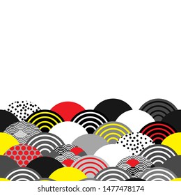 Seigaiha wave grey black red yellow white colors abstract scales simple Nature background with japanese circle pattern copy space. Can be used for greeting card design, frame for your text. Vector
