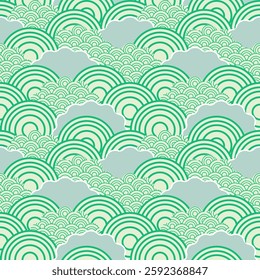 Seigaiha Wave Pattern in Green and Light Blue | Seamless Design, Japanese Wave Pattern (Seigaiha) | Green and Blue Texture, Green Seigaiha Background | Traditional Japanese Design