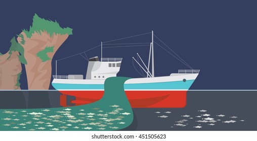 Seiner catching fish using fishnet. Night fishing. Vector illustration