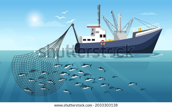 Seiner hunting fish. Concept of industry\
ship in working process. Horizon with clouds and sun in the\
background. Vector graphic\
illustration