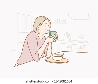Seinor woman dinking hot tea. Hand drawn style vector design illustrations.