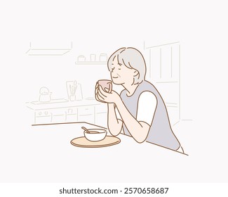 Seinor woman dinking hot tea. Hand drawn style vector design illustrations.	