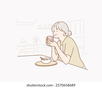 Seinor woman dinking hot tea. Hand drawn style vector design illustrations.	