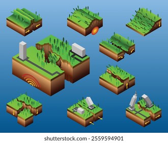 Seismic activity diagram. Vector isometric Earth crust compression, shear and tension stresses. Earthquake natural disasters concept for educational poster, scientific infographic, presentation