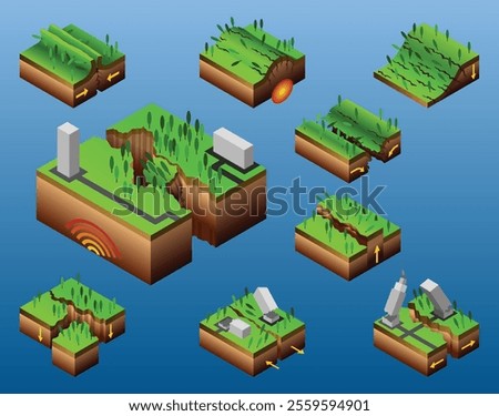 Seismic activity diagram. Vector isometric Earth crust compression, shear and tension stresses. Earthquake natural disasters concept for educational poster, scientific infographic, presentation