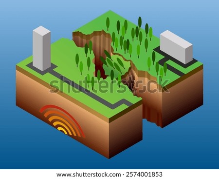 Seismic activity diagram. Vector isometric Earth crust compression, shear and tension stresses. Earthquake natural disasters concept for educational poster, scientific infographic, presentation