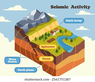 Seismic activity. Educational infographic or diagram with earthquake epicenter. Outdoor natural scene with two moving plates. Cataclysm and natural disaster. Isometric 3D vector illustration