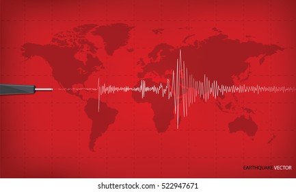 Seismic activity graph showing an earthquake on world map background. red tone art design. Vector illustration.