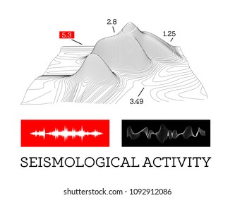 Seismic activity infographics vector illustration with sound waves, graphs and topological relief
