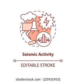 Seismische Aktivität rotes Konzept Symbol. Kleinere Erdbeben. Geothermische Energie Nachteil abstrakte Idee dünne Linie Illustration. Einzeln Umrisszeichnung. Bearbeitbarer Strich. Arial, Myriad Pro Fett Schriftarten verwendet