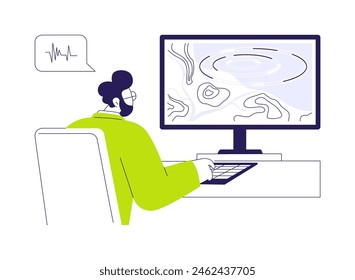 Software de simulación de ondas sísmicas Ilustración vectorial de concepto abstracto. Hombre con computadora portátil que trata con visualización de ondas sísmicas, industria de la ecología, ciencia ambiental metáfora abstracta.