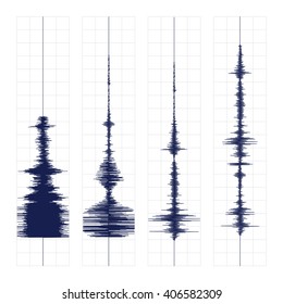 Sismograma de ilustração vetorial registro de atividade sísmica diferente, onda terremoto na fixação de papel, fundo diagrama de onda de áudio estéreo. Sinal de terremoto. Ilustração de atividade sísmica de terremotos.