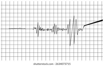 Seismogram graph line vector, black ink sketch, capturing earthquake tremor data on grid paper, ideal for geology, seismology, natural disaster infographics.