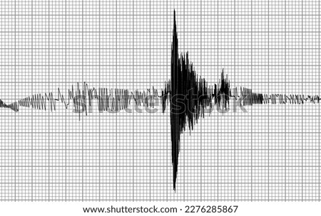 Seismogram of seismic activity or lie detector black record on grey chart paper. Earthquake audio wave diagram. Ground motion, volcano eruption. Polygraph or seismograph. Vector illustration Foto stock © 