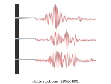 Seismograph Earthquake Or Polygraph Test Red Wave. Seismogram Vibration Or Magnitude Recording Chart Collection. Music Volume Wave Or Lie Detector Diagram Record. Vector Illustration.