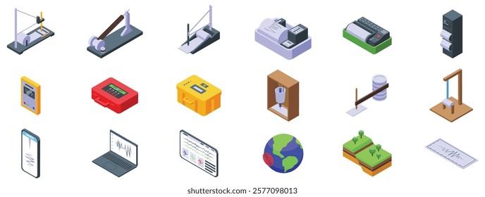  Seismograph icons set. Set of seismograph icons showing ground motion during earthquake for seismic surveying and geological exploration