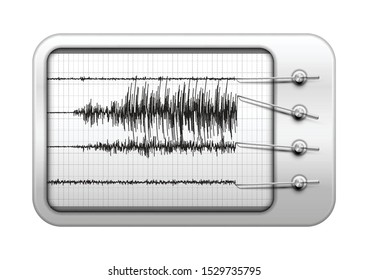 Seismograph recording seismic activity and detecting an earthquake, seismology equipment for earthquake researching and prediction,  realistic analogous paper chart recorder